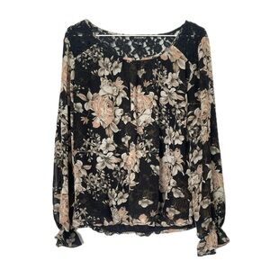 Roz & Ali floral flowy blouse lace black pink brown size medium
